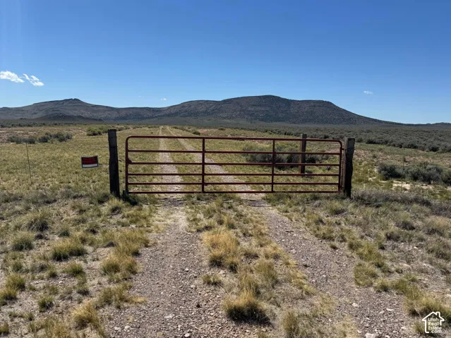 Expansive parcel with a metal gate entrance and a gravel drive