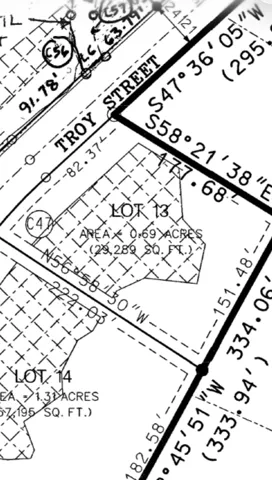 Survey Plat. Detailing the dimensions and area of Lot 13 and Lot 14 with their frontage on Troy Street