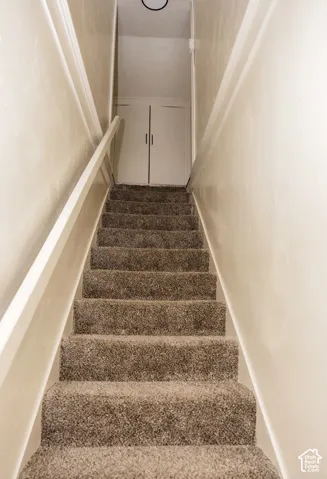 Carpeted staircase with a white handrail and light-colored wall paint