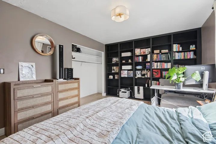 Built-in shelving, flush-mount ceiling light, light wood-finish flooring, and open closet with shelving