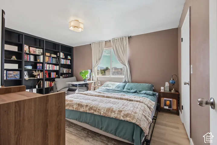 Wood-finish flooring with a neutral wall color, built-in shelving, and a modern ceiling fixture
