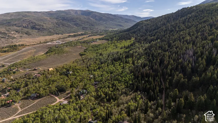 Mountainous terrain, extensive natural landscaping, scattered residential properties, and distant open fields