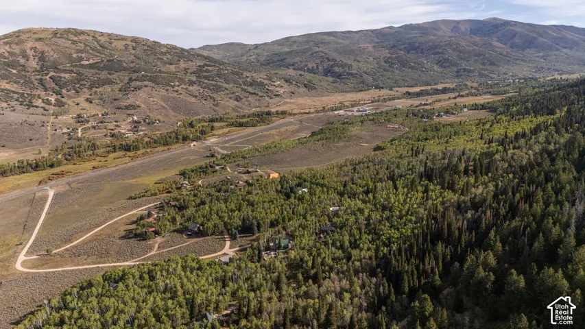 Mountainous terrain with dense forest, open fields, and scattered residences