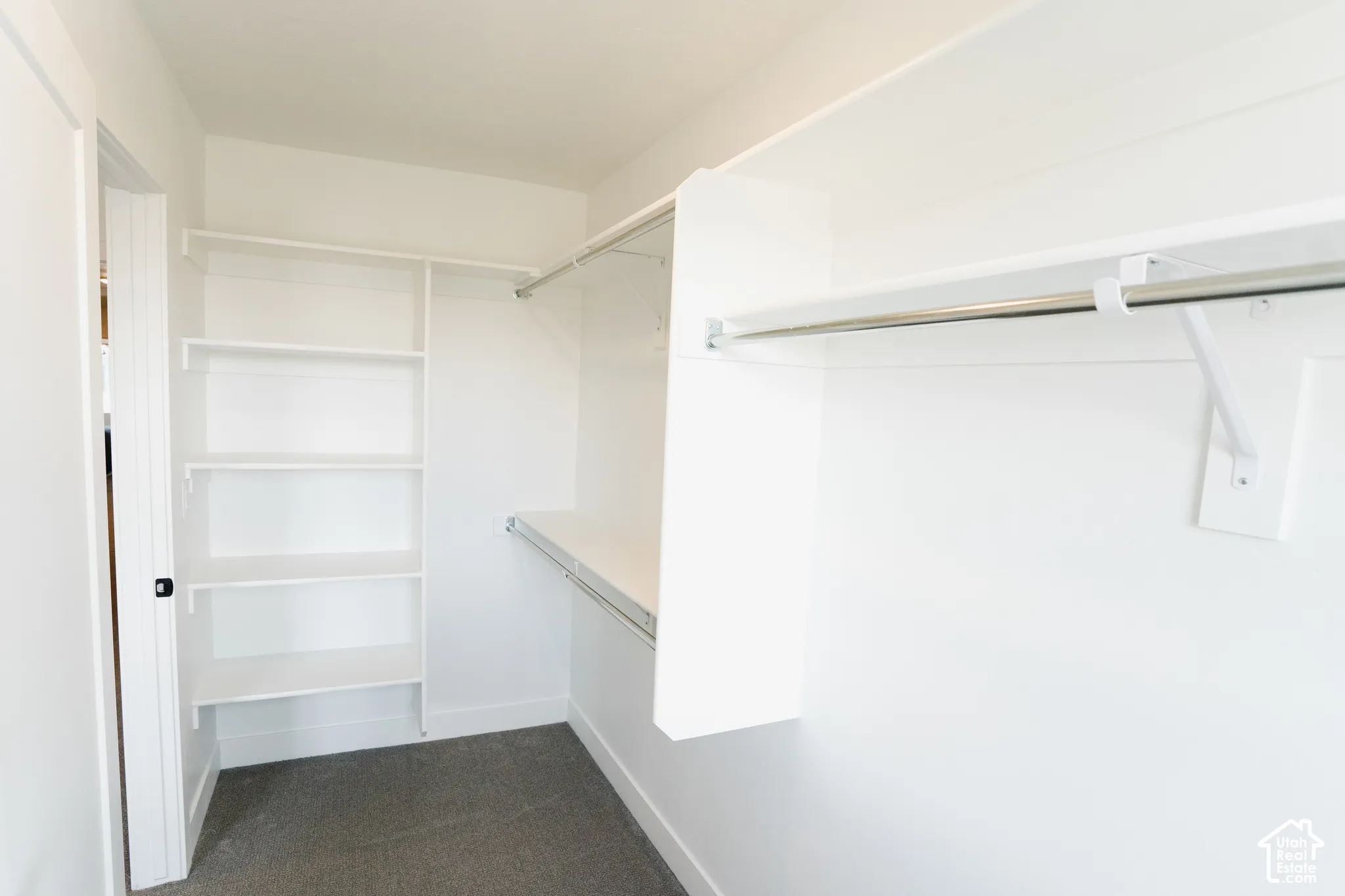 Walk-in closet featuring white built-in shelving, white walls, and dark carpeting