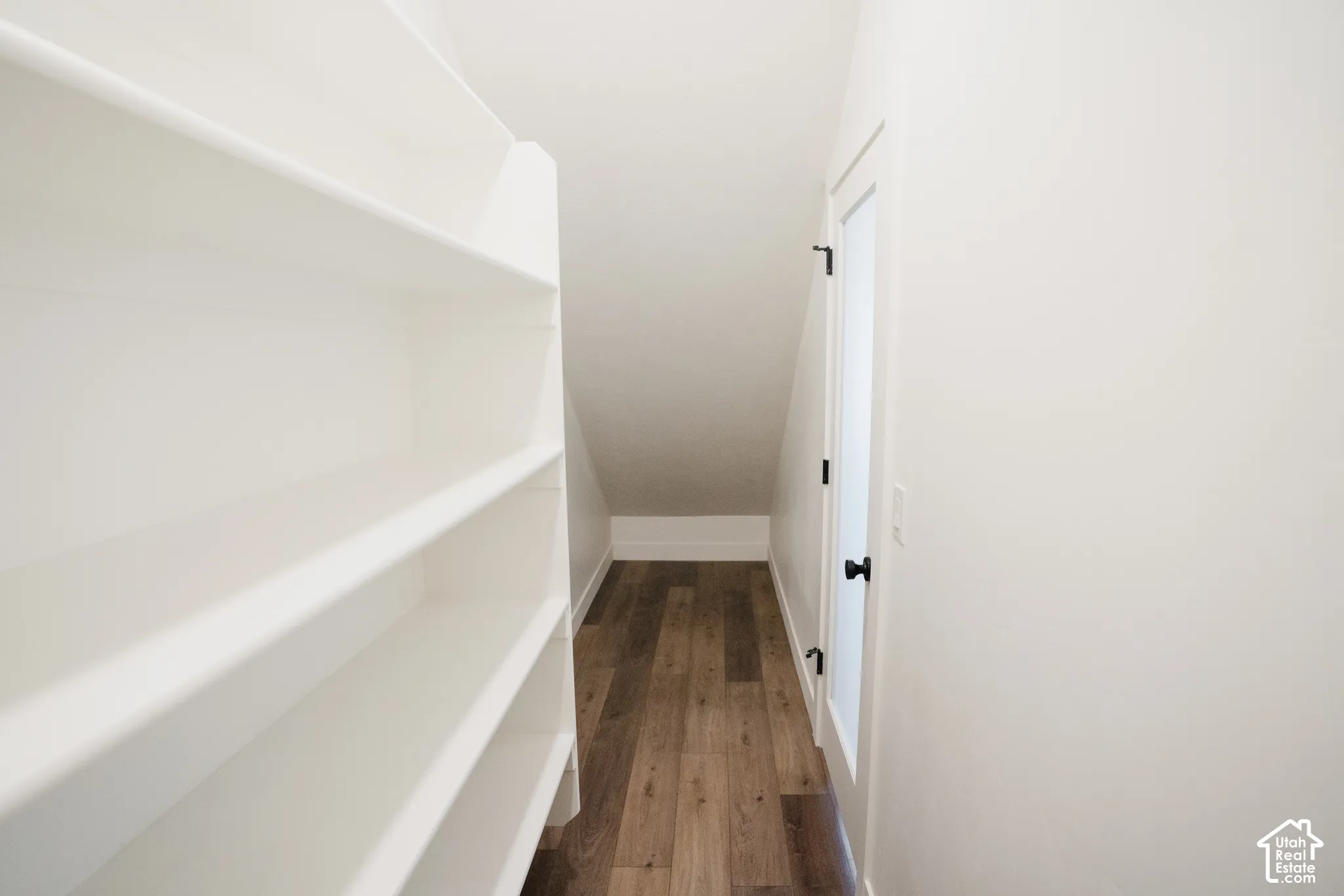 Built-in shelving with multiple levels, wood-finish flooring, white walls, and a white door with dark hardware
