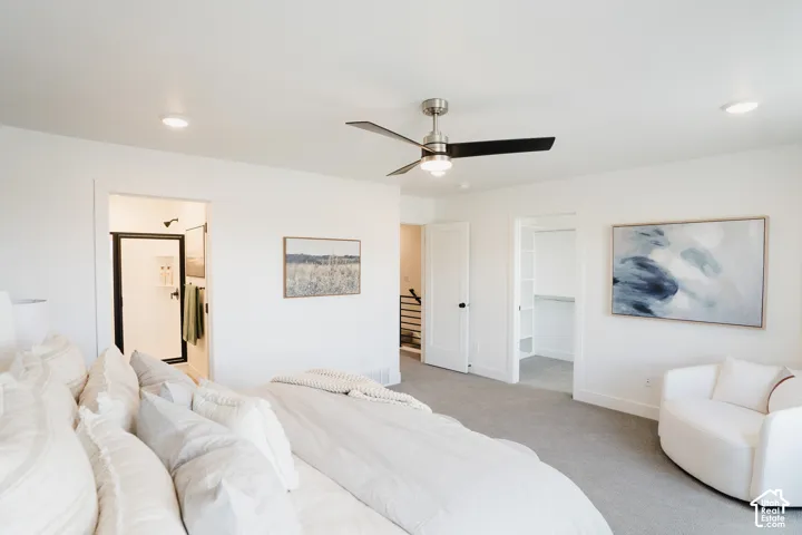 Recessed lighting, ceiling fan with light, plush carpeting, built-in shelving, and a shower with a dark-framed enclosure
