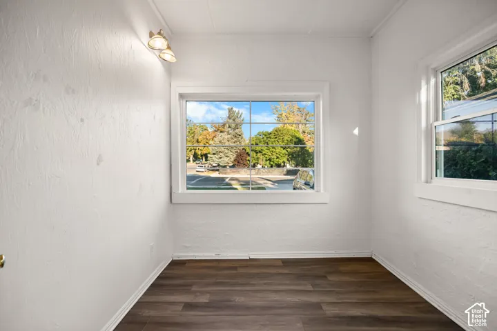 Wood-finish flooring with white trim and white walls
