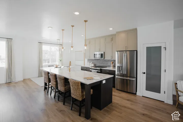 Wood-finish flooring throughout, kitchen island with seating, stainless steel appliances, two-tone cabinetry, and a pantry with a frosted glass door