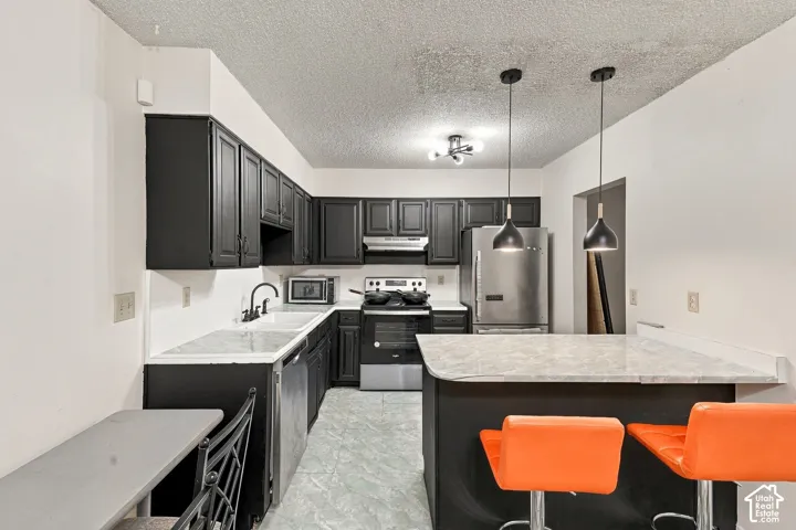Kitchen featuring dark cabinetry, light countertops, stainless steel appliances, and a breakfast bar