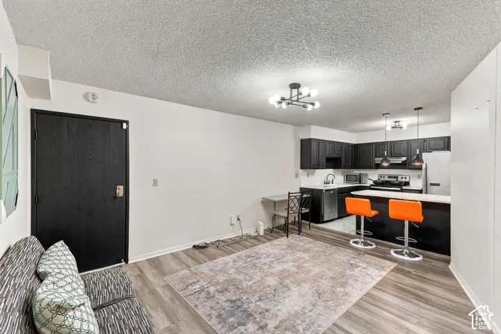 Kitchen with dark cabinetry and stainless steel appliances
