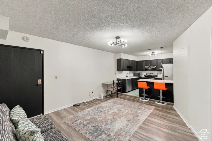 Open-concept living space featuring wood-finish flooring, a modern chandelier, dark cabinetry, and stainless steel appliances
