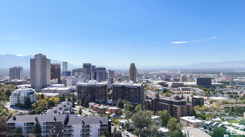 Urban skyline featuring high-rise buildings and commercial structures
