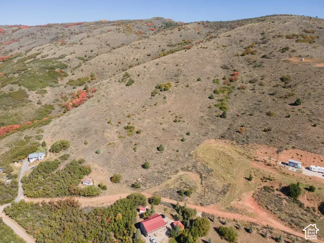 Expansive hillside property featuring diverse natural terrain, scattered mature trees, and a distant mountain range