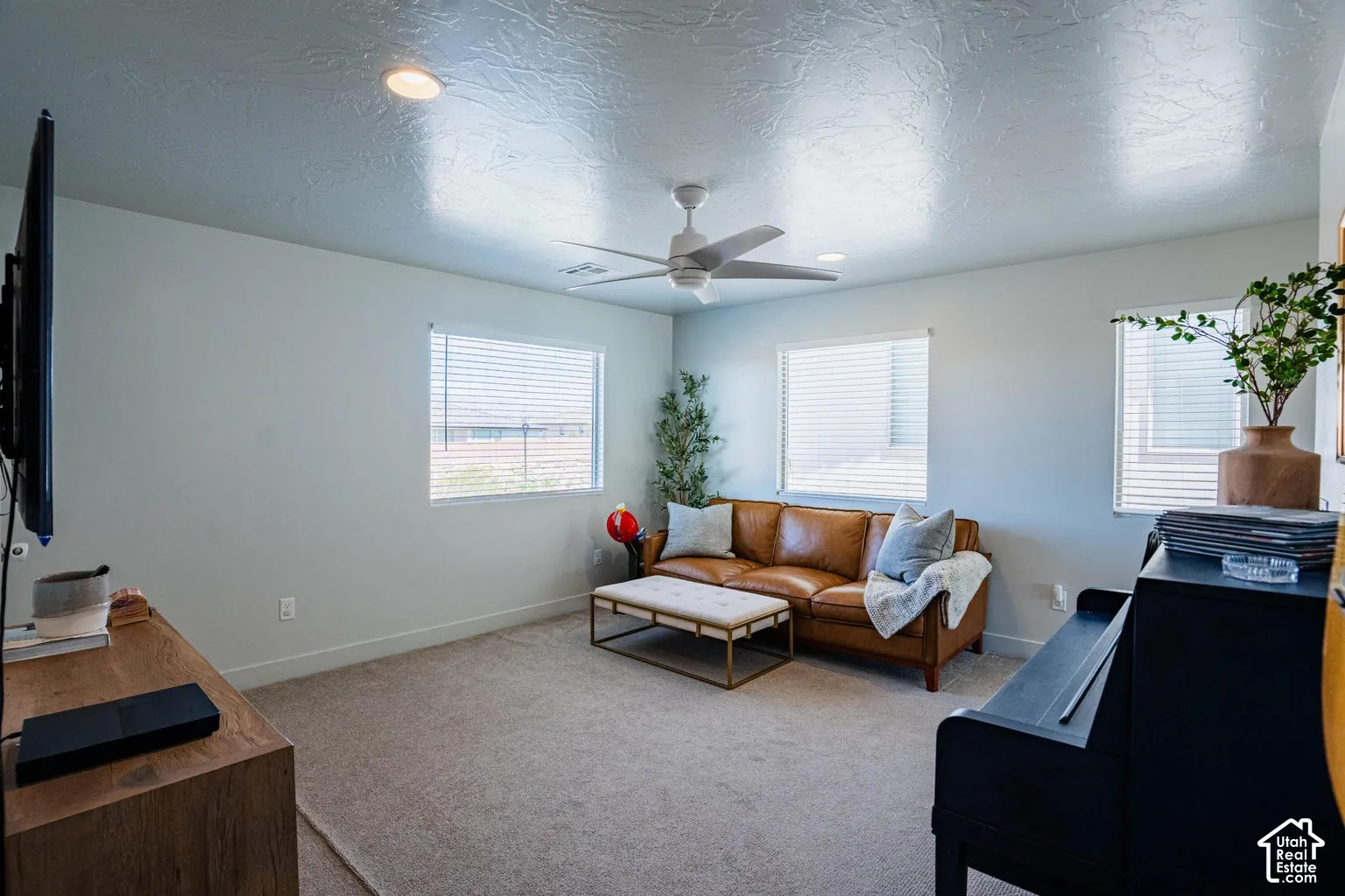 Recessed lighting, ceiling fan, and multiple windows with blinds