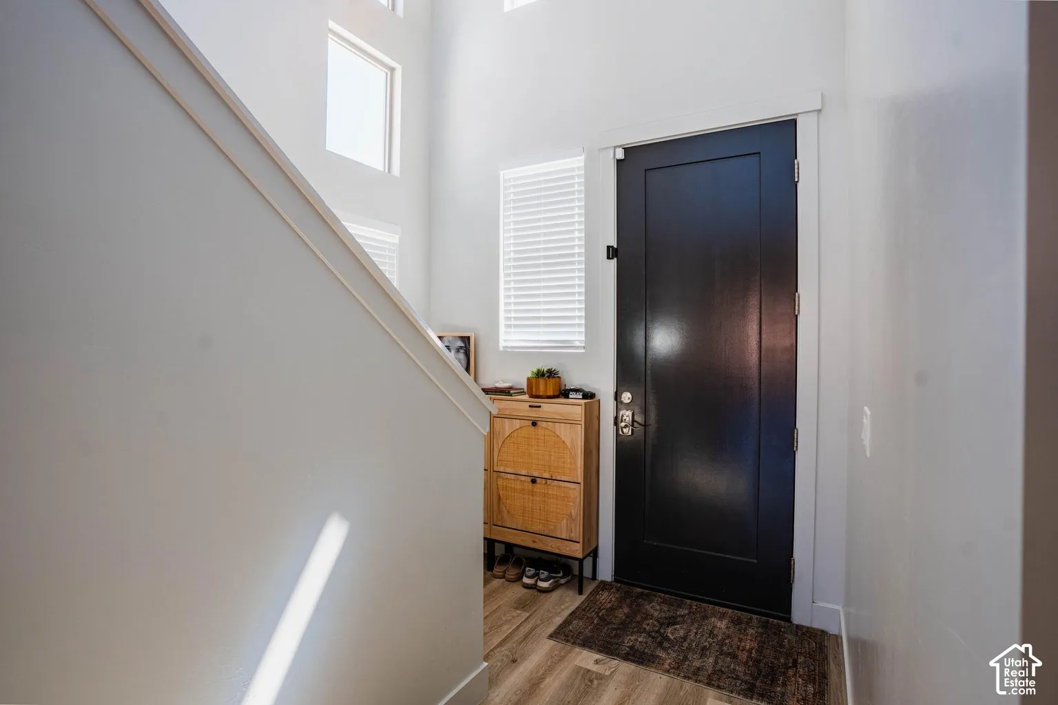 Entryway featuring a dark paneled door, wood-finish flooring, and white window blinds