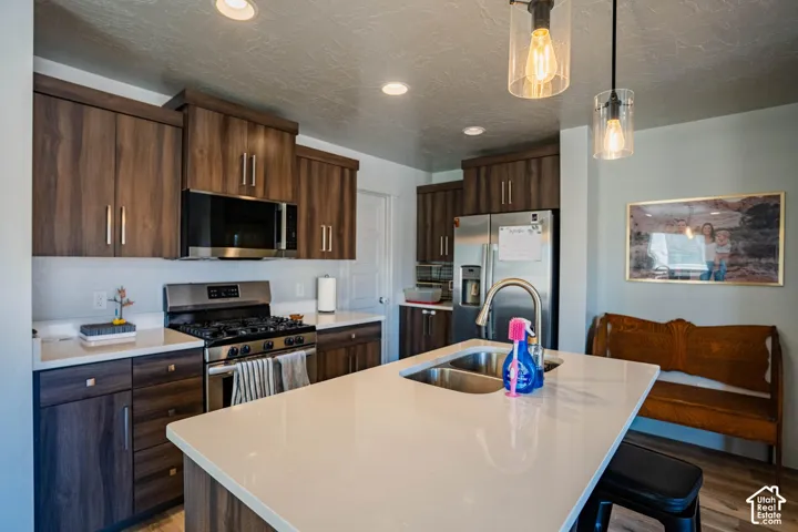 Kitchen featuring wood-finish cabinetry, stainless steel appliances, a center island with an undermount double-bowl sink, and recessed lighting