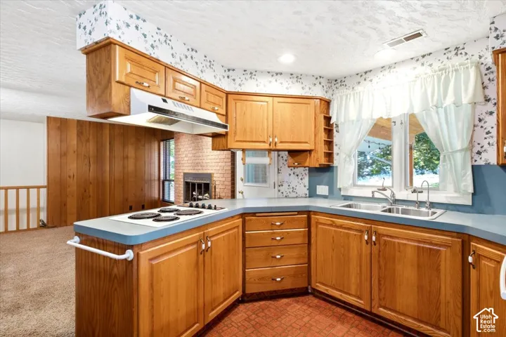 Wood-finish cabinetry, built-in cooktop, double basin sink, and a fireplace with brick surround