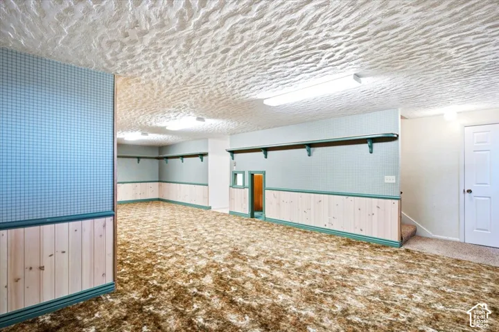 Expansive room featuring wall-to-wall carpeting, wood paneling, and built-in shelving