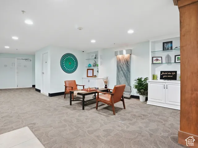 Recessed lighting, patterned carpet flooring, built-in shelving with glass shelves, and a decorative wall feature