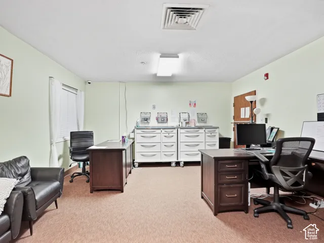 Recessed ceiling lighting, window with blinds, light-colored walls, and carpeted flooring