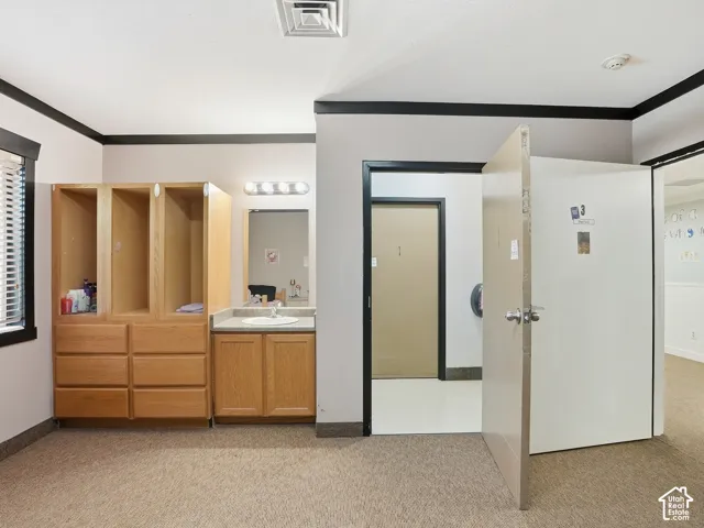 Built-in cabinetry with drawers, single vanity with countertop, and mirror with attached lighting
