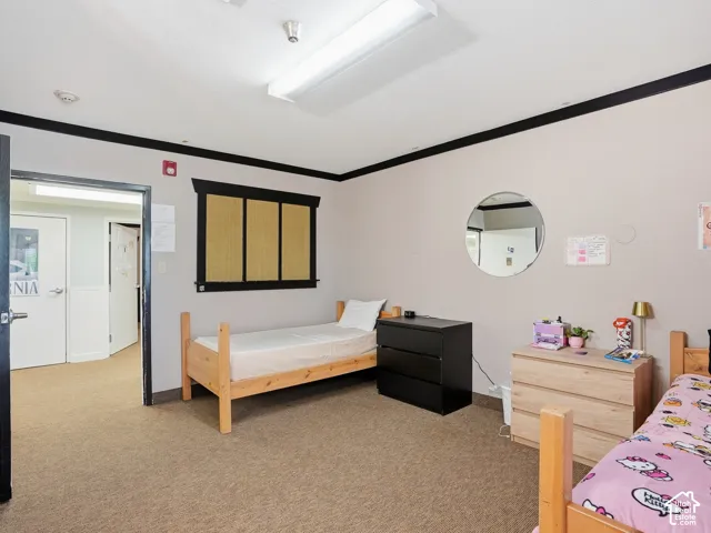 Carpeted flooring throughout with recessed lighting and a window featuring horizontal blinds