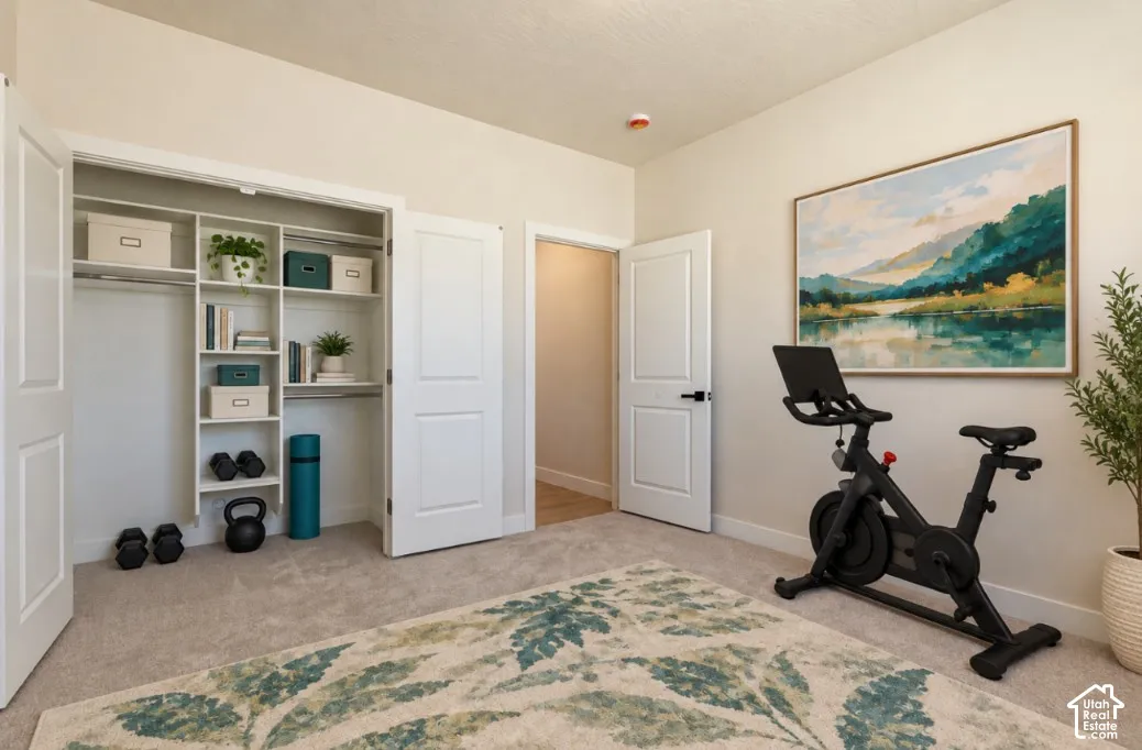 Built-in closet shelving, two paneled interior doors, and neutral wall paint