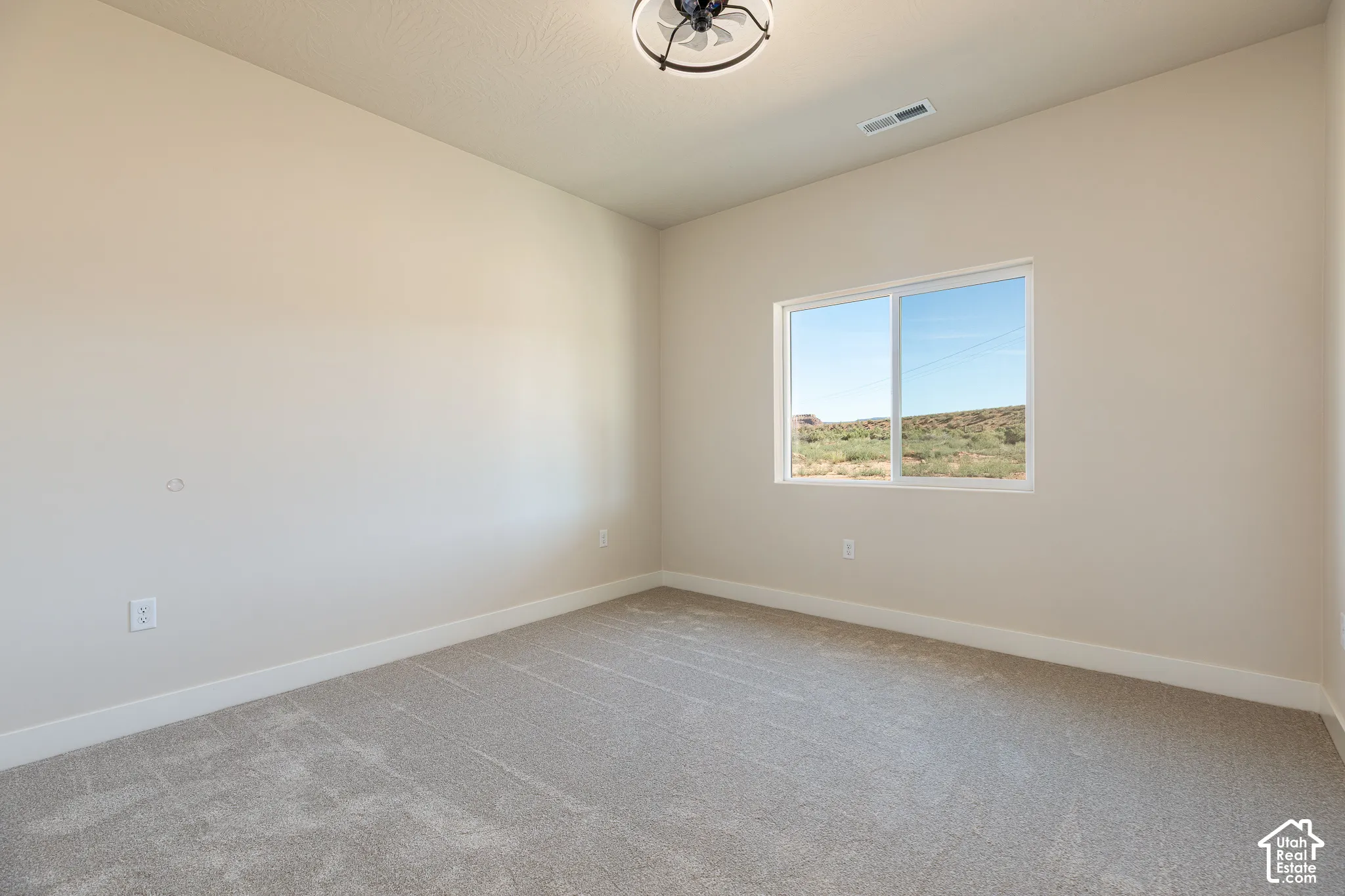 Neutral tone walls, carpeted flooring, window with natural scenery, and a ceiling-mounted light fixture