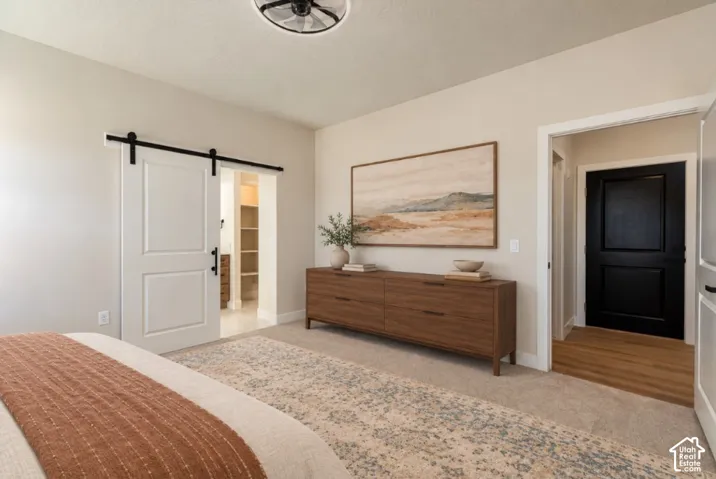 Barn door entry, ceiling-mounted light fixture, light-colored carpeting, light wood-finish flooring, built-in shelving