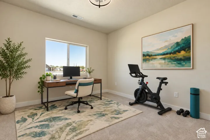 Light-toned walls, neutral carpeting, and a large window providing natural illumination