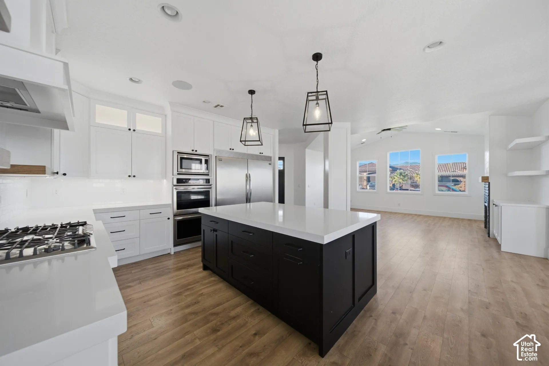 Open-concept kitchen with a large island, stainless steel appliances, white cabinetry, and wood-finish flooring