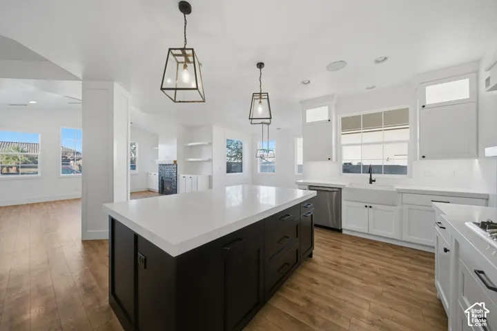 Kitchen featuring a black island with a white countertop, white cabinetry, stainless steel appliances, and wood-finish flooring
