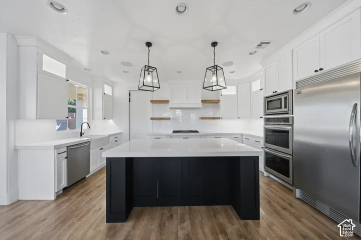 Contemporary kitchen featuring a black island with a white countertop, white cabinetry, stainless steel appliances, and wood-finish flooring