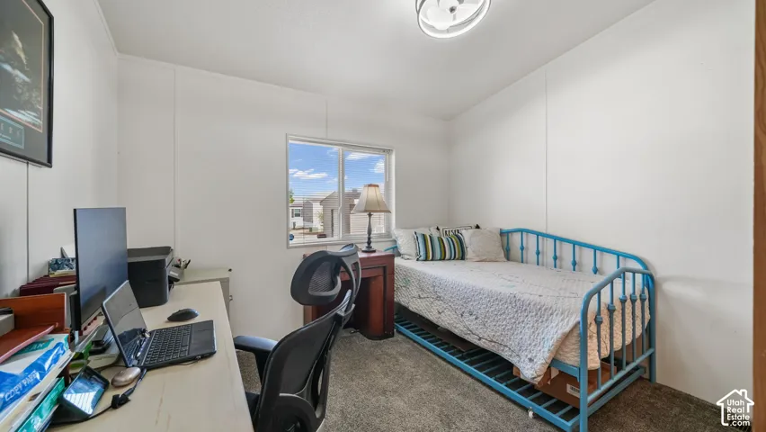 Carpeted room featuring white walls, a single window, and a flush-mount ceiling light fixture