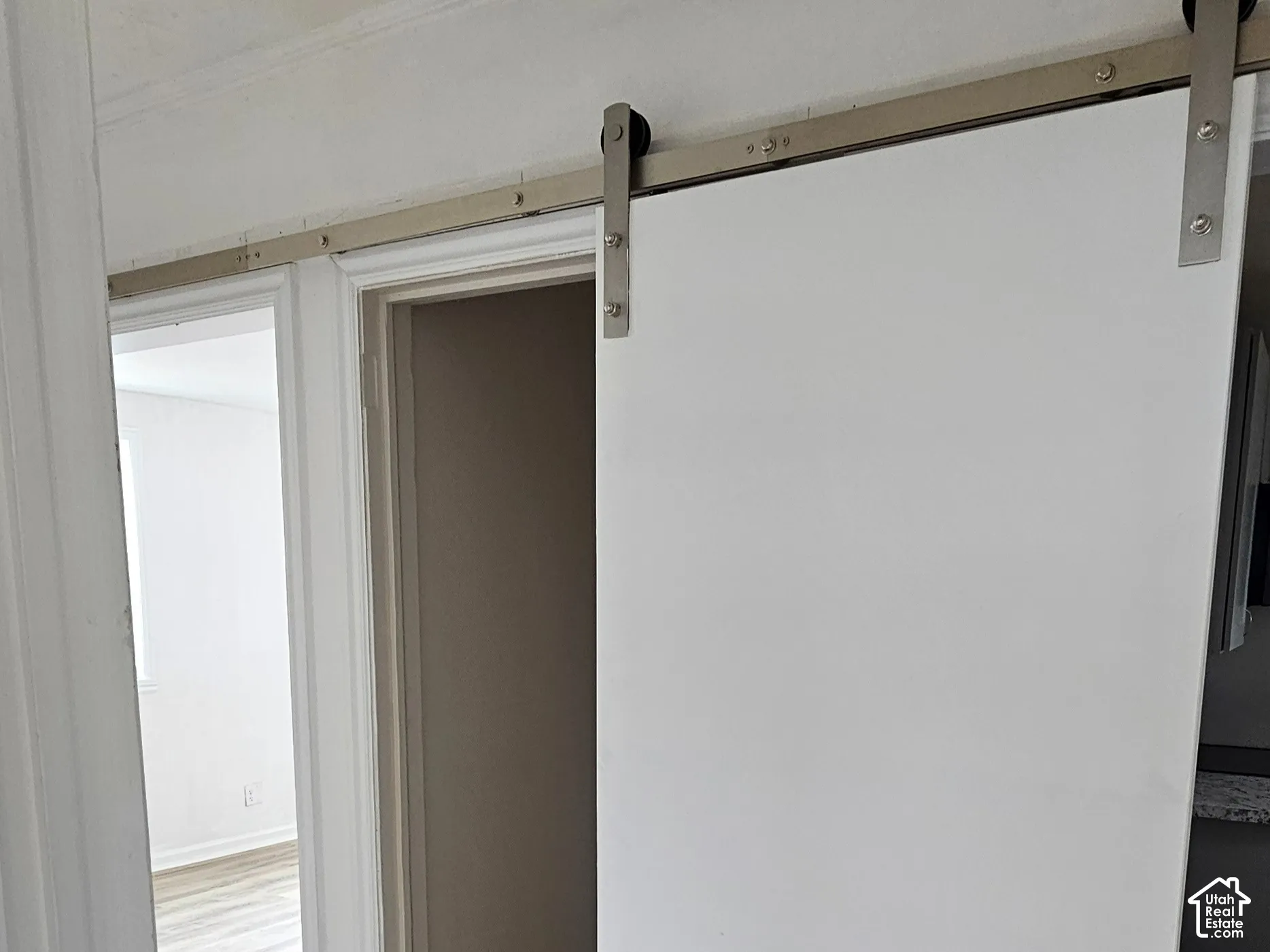 Wood-finish flooring with a white barn door on a stainless steel track