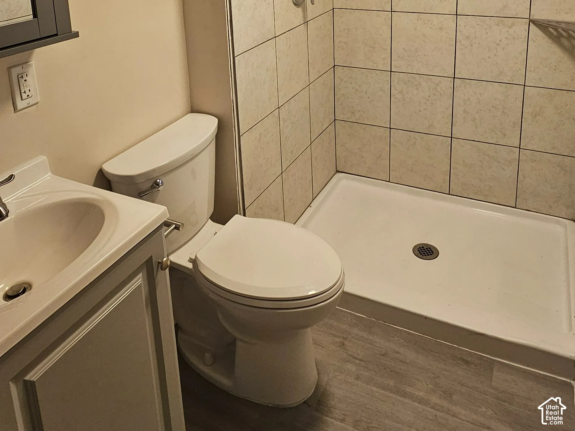 Wood-finish flooring with a vanity, toilet, and tiled shower