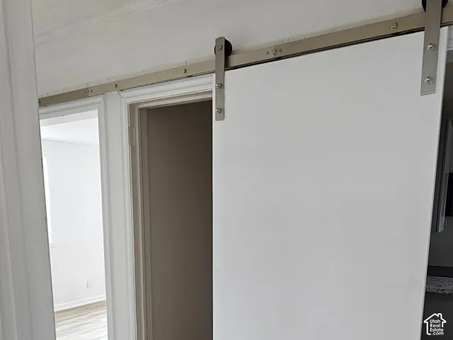 Wood-finish flooring with a white barn door on a stainless steel track