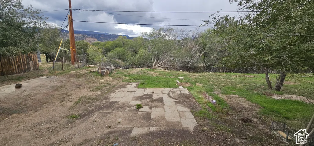 Paved patio area opening to a sloped lot with mature trees and mountain scenery