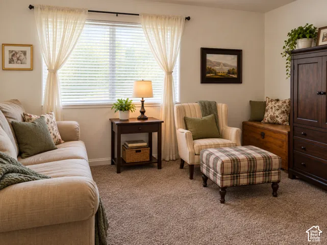 Window with blinds and sheer drapes, dark wood-finish side table, dark wood-finish cabinet, and carpeted flooring