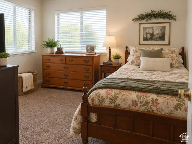 Carpeted flooring, white window blinds, and solid interior doors