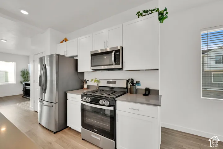 Contemporary kitchen featuring stainless steel appliances, white cabinetry, a built-in microwave, and wood-finish flooring