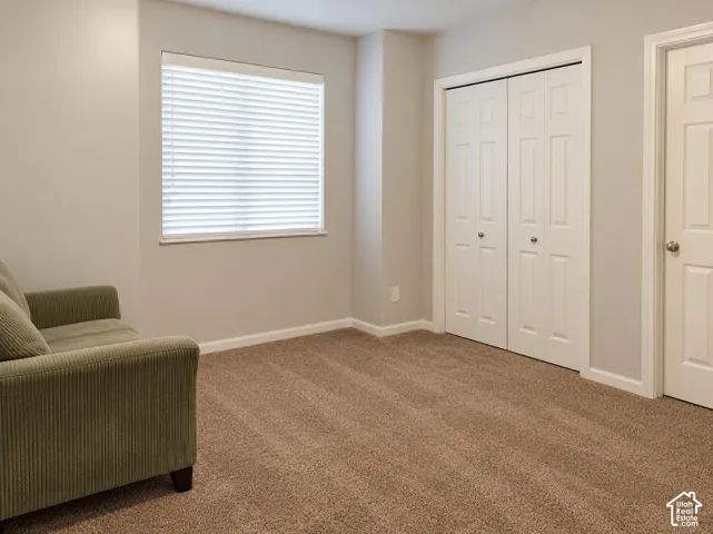 Neutral-toned walls, plush carpeting, white window blinds, and white paneled doors