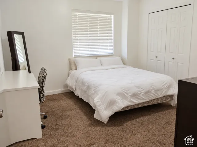 Wall-to-wall carpeting, window with blinds, and white bi-fold closet doors