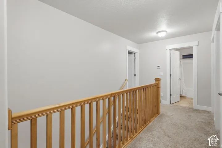 Carpeted hallway with a light wood-finish railing and white trim