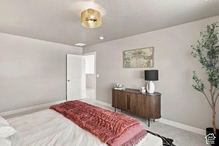 Light gray walls, light gray carpeting, modern flush mount ceiling light, and built-in closet door