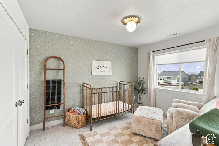 Light-colored carpeting, a window with roller shades and curtains, a built-in closet with white doors, and a gold-toned flush-mount ceiling light