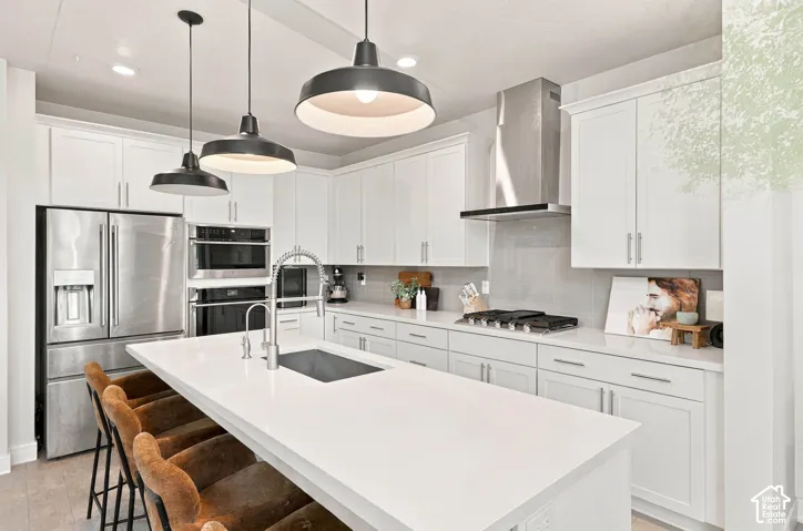 Kitchen featuring white cabinetry, stainless steel appliances, a center island with an undermount sink, pendant lighting, and a tile backsplash
