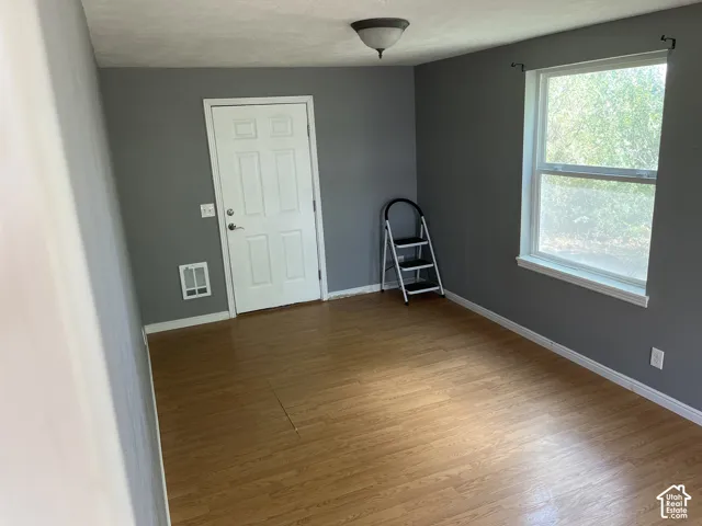 Wood-finish flooring, neutral gray wall tones, a paneled white door, and a single window with white trim