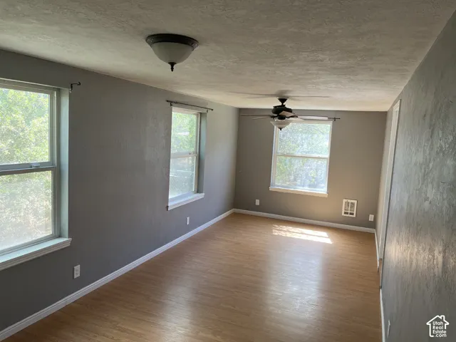 Hard-surface flooring, multiple windows, ceiling fan, and flush-mount lighting fixtures
