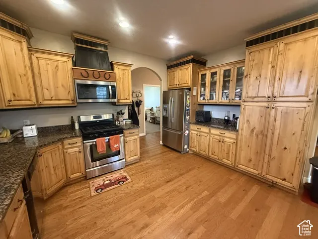 Wood-finish flooring, wood cabinetry, built-in stainless steel appliances, and dark countertops